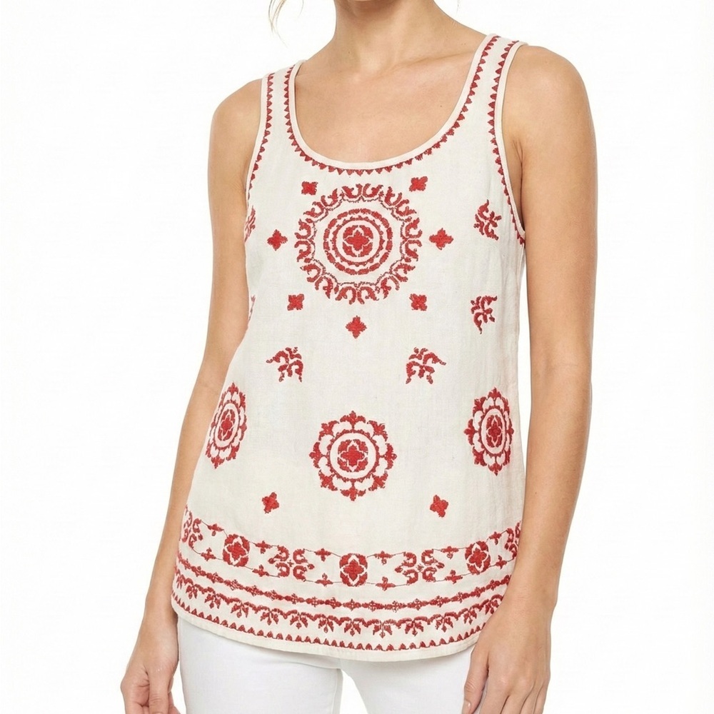 Lucky Brand Cream Red Medallion Embroidered Tank Top Keyhole Back Boho Size Med